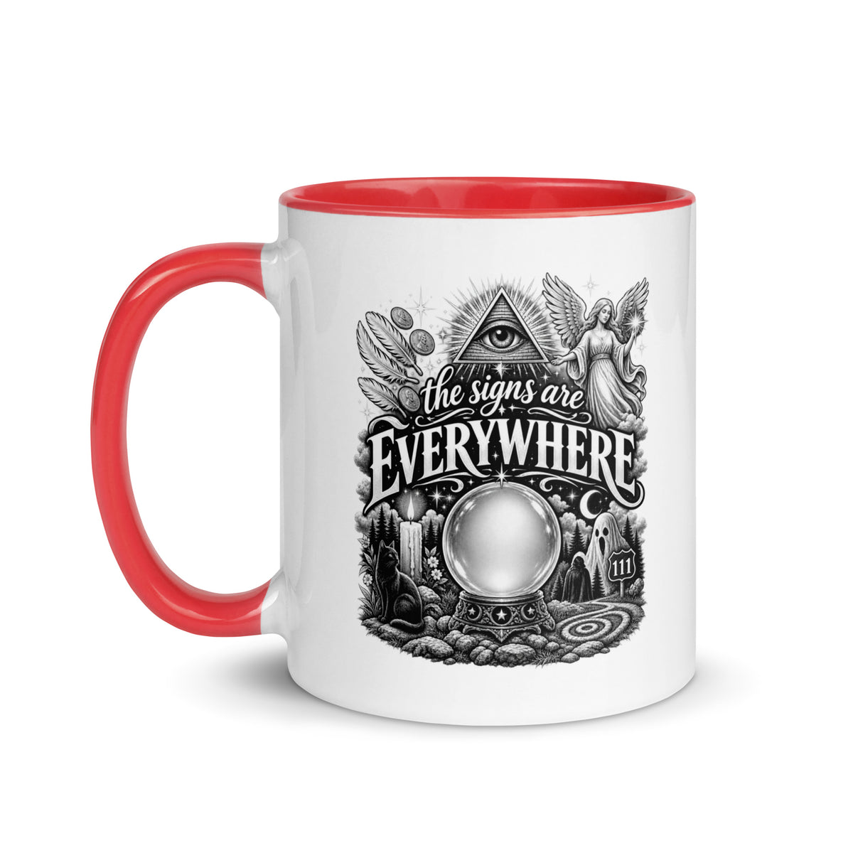 The Signs Are Everywhere design, an all-seeing eye, an angel, a crystal ball, a black cat and a 111 road sign, in black and white line art, on a red ceramic mug with color inside, 11 oz, left side view