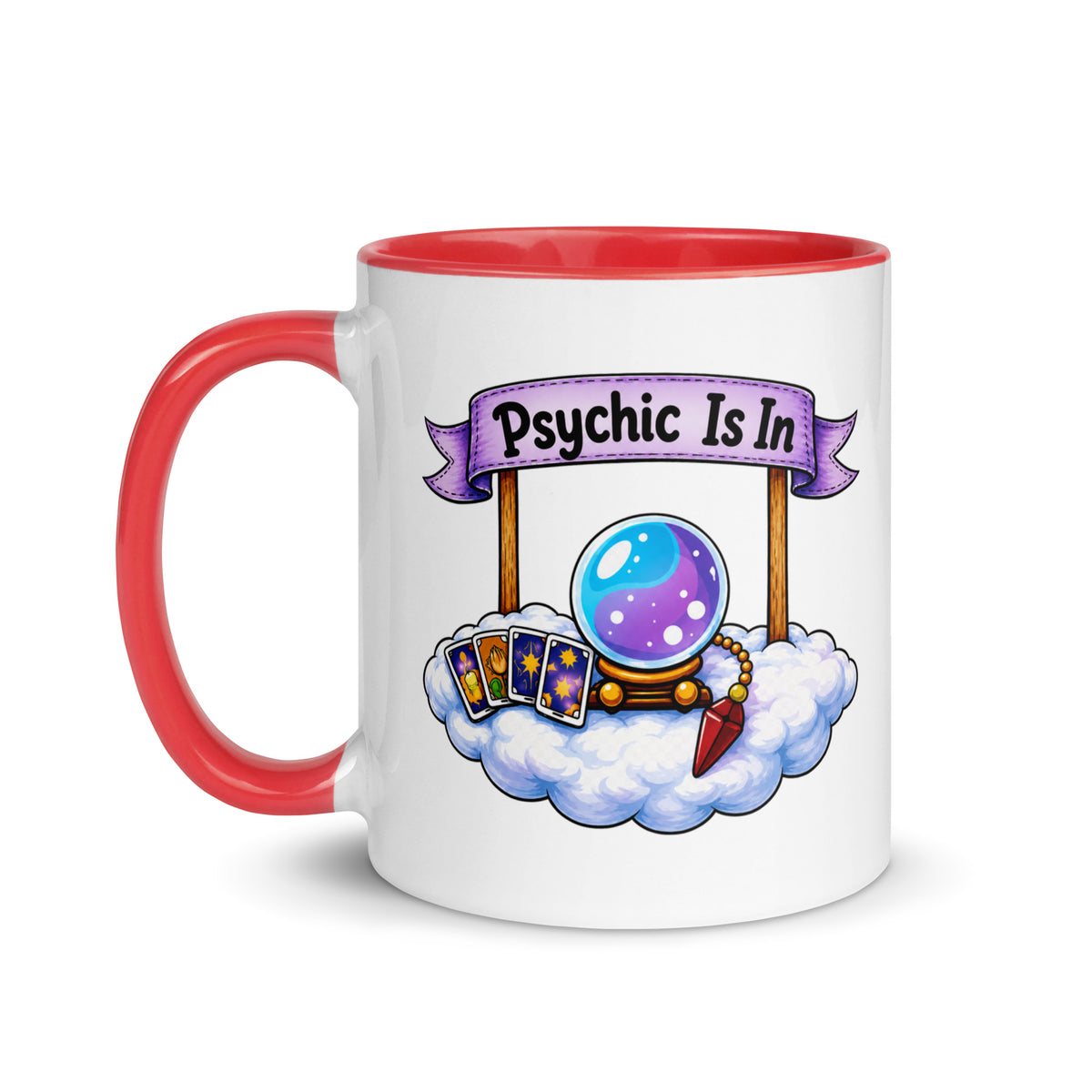 Psychic Is In design, playful floating clouds beneath a banner that reads Psychic Is Open for Business, on a white ceramic mug with a red interior, 11 oz, left side view