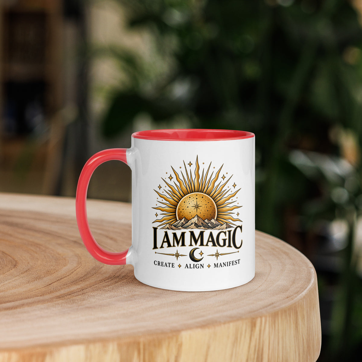 I Am Magic design with a gold sun face, Be Magical collection, on a white ceramic mug with a red interior, 11 oz, left side view