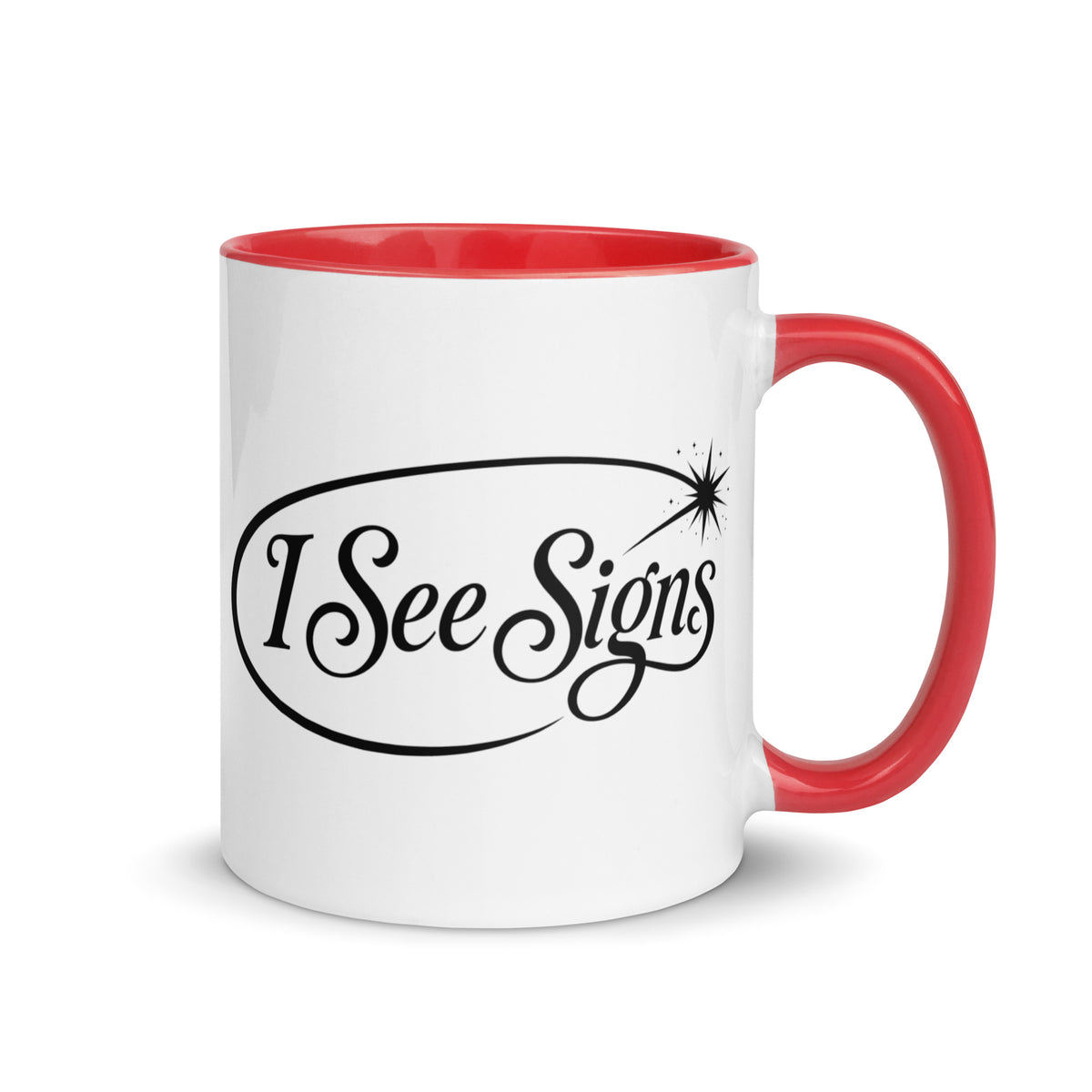 I See Signs design, the words set in black script inside a thin oval with a four-pointed star, on a red ceramic mug with color inside, 11 oz, right side view