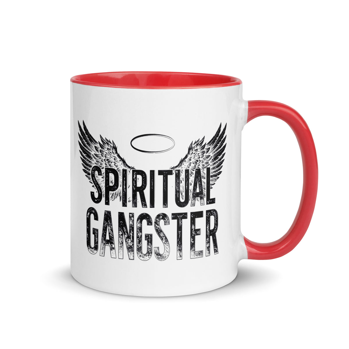 Spiritual Gangster design with angel wings and a halo, on a white ceramic mug with a red interior, 11 oz, right side view
