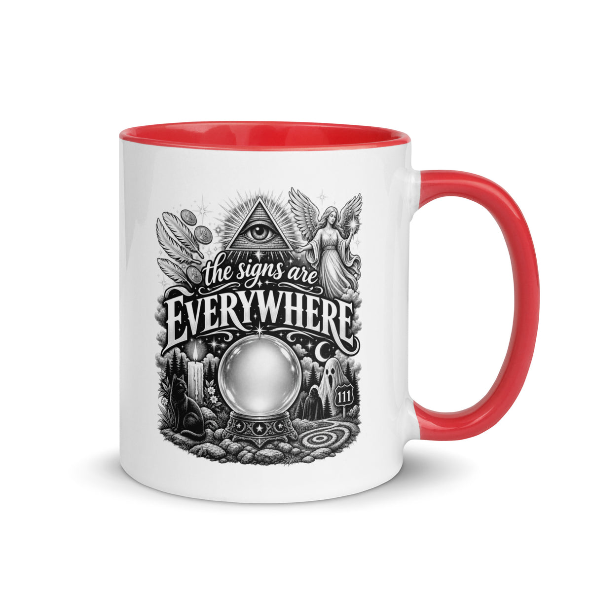 The Signs Are Everywhere design, an all-seeing eye, an angel, a crystal ball, a black cat and a 111 road sign, in black and white line art, on a red ceramic mug with color inside, 11 oz, right side view