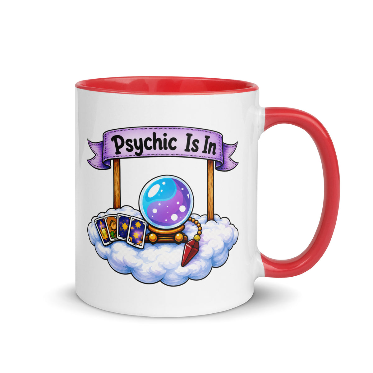 Psychic Is In design, playful floating clouds beneath a banner that reads Psychic Is Open for Business, on a white ceramic mug with a red interior, 11 oz, right side view
