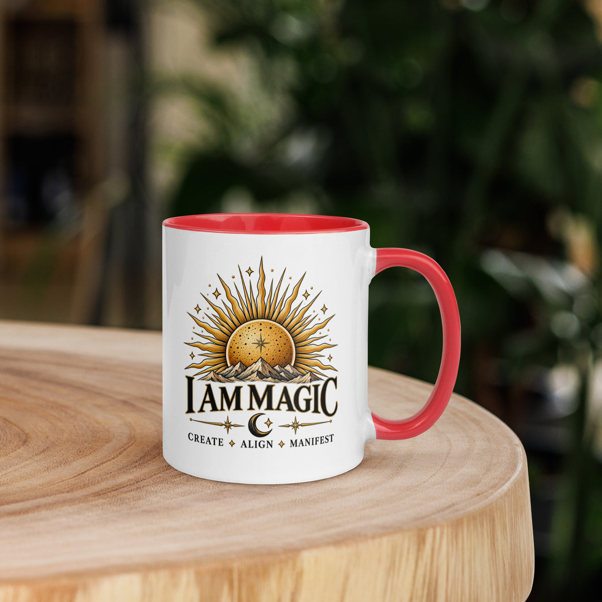 I Am Magic design with a gold sun face, Be Magical collection, on a white ceramic mug with a red interior, 11 oz, right side view