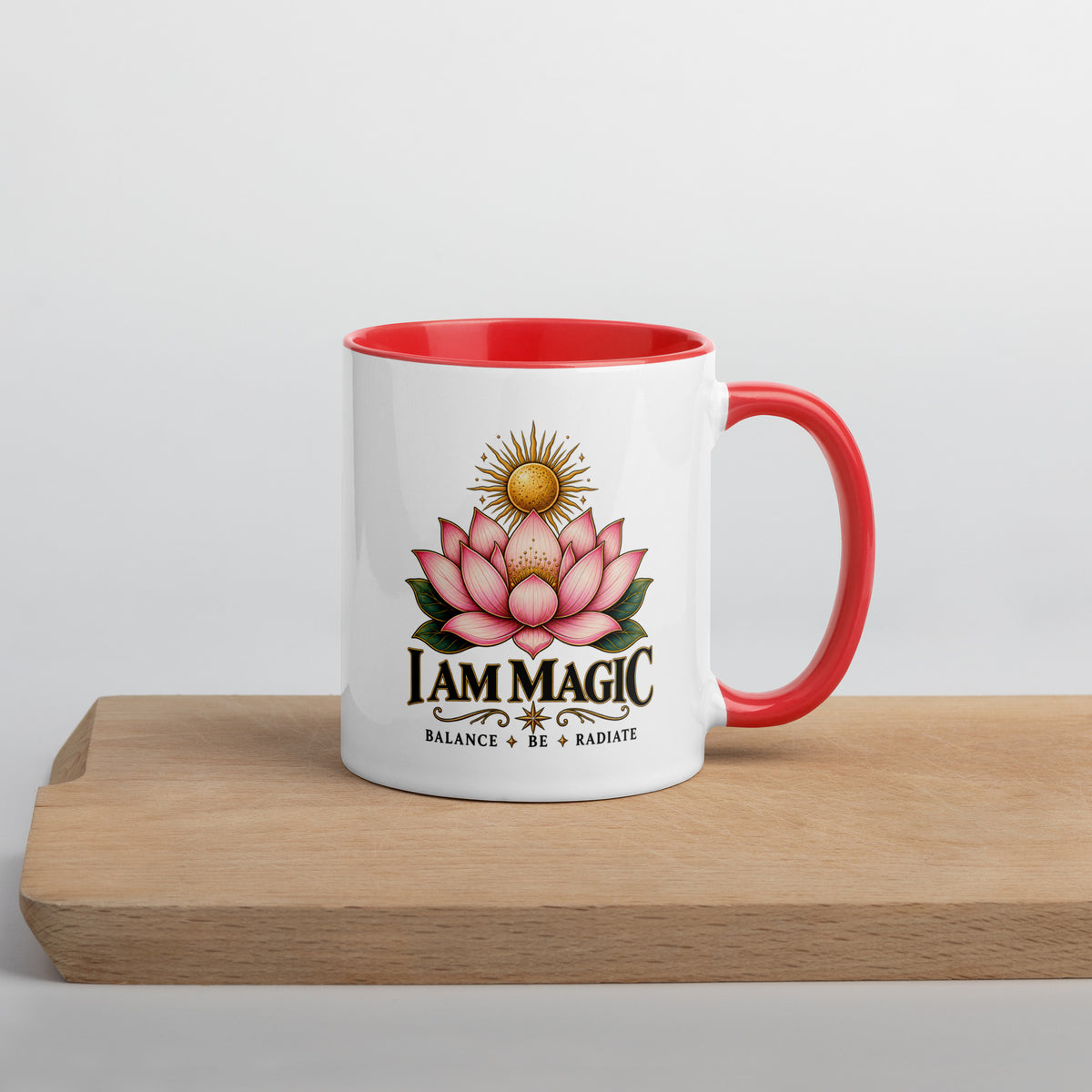 I Am Magic design with a gold lotus, Be Magical collection, on a white ceramic mug with a red interior, 11 oz, right side view