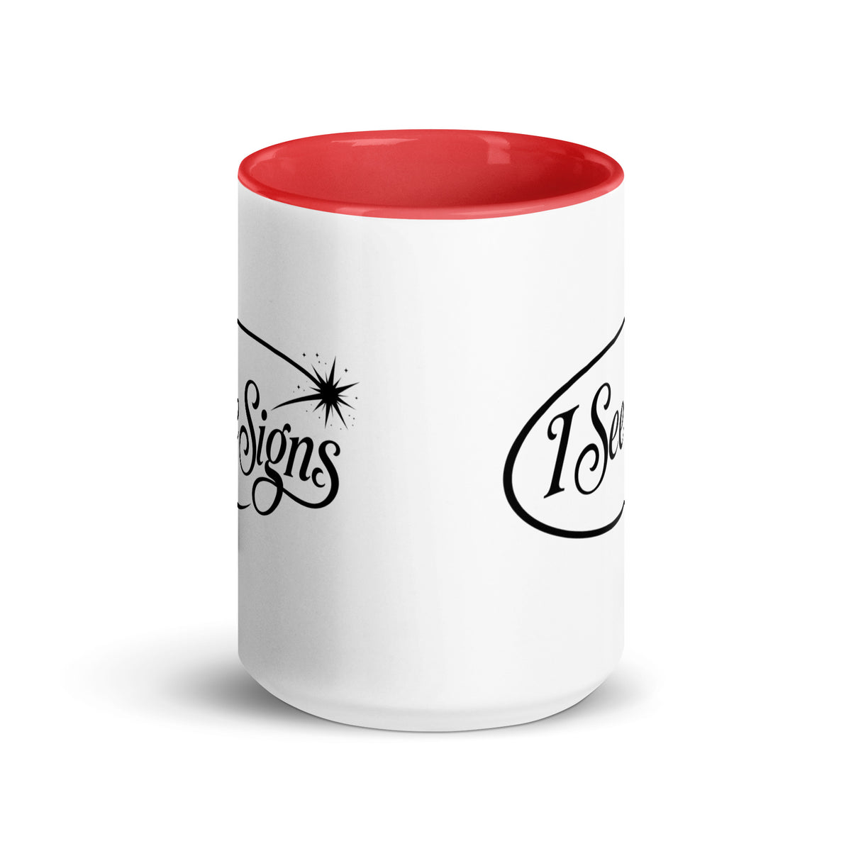 I See Signs design, the words set in black script inside a thin oval with a four-pointed star, on a white ceramic mug with a red interior, 15 oz, front view