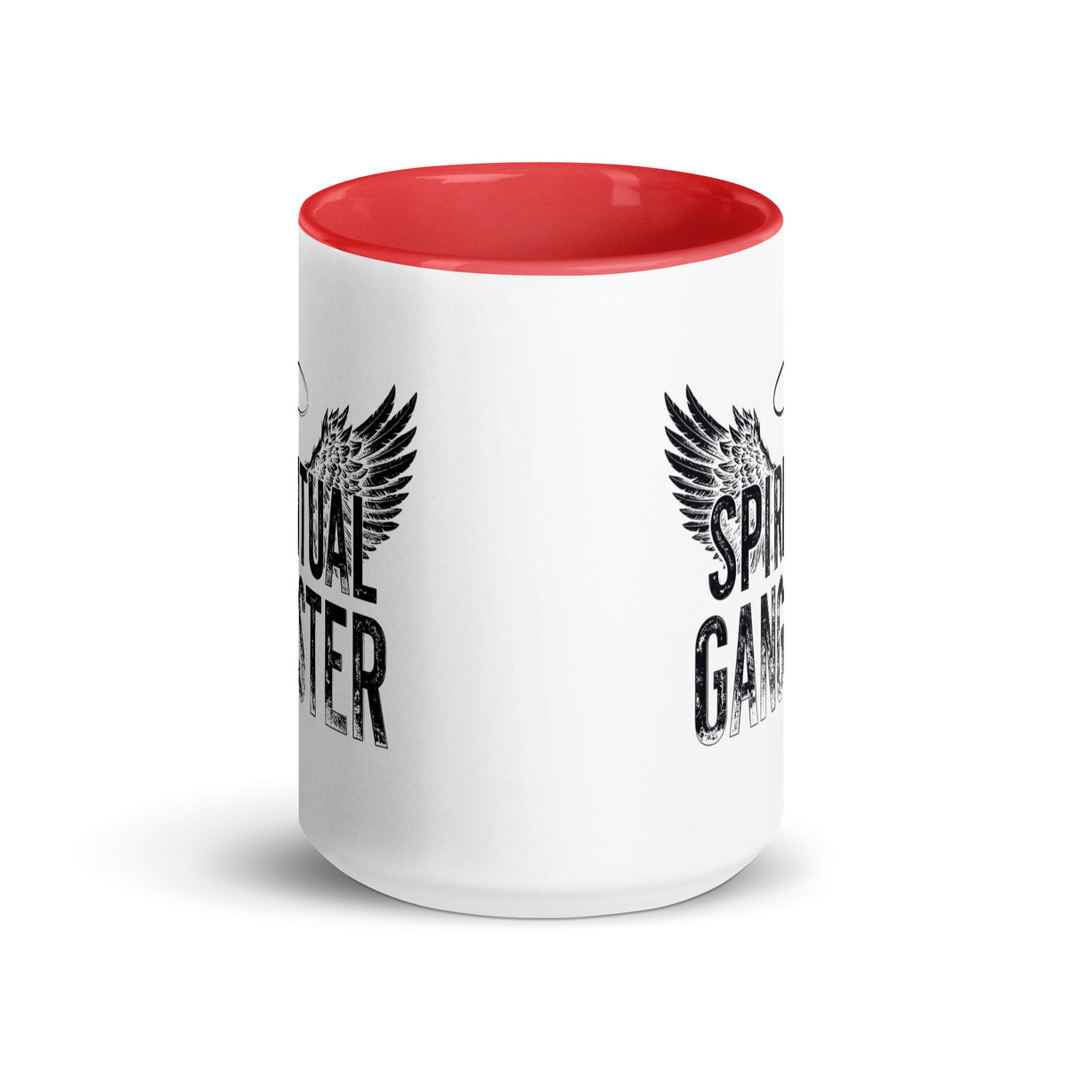Spiritual Gangster design with angel wings and a halo, on a white ceramic mug with a red interior, 15 oz, front view