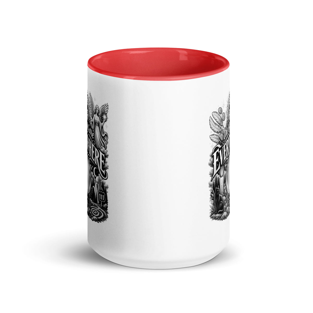 The Signs Are Everywhere design, an all-seeing eye, an angel, a crystal ball, a black cat and a 111 road sign, in black and white line art, on a red ceramic mug with color inside, 15 oz, front view