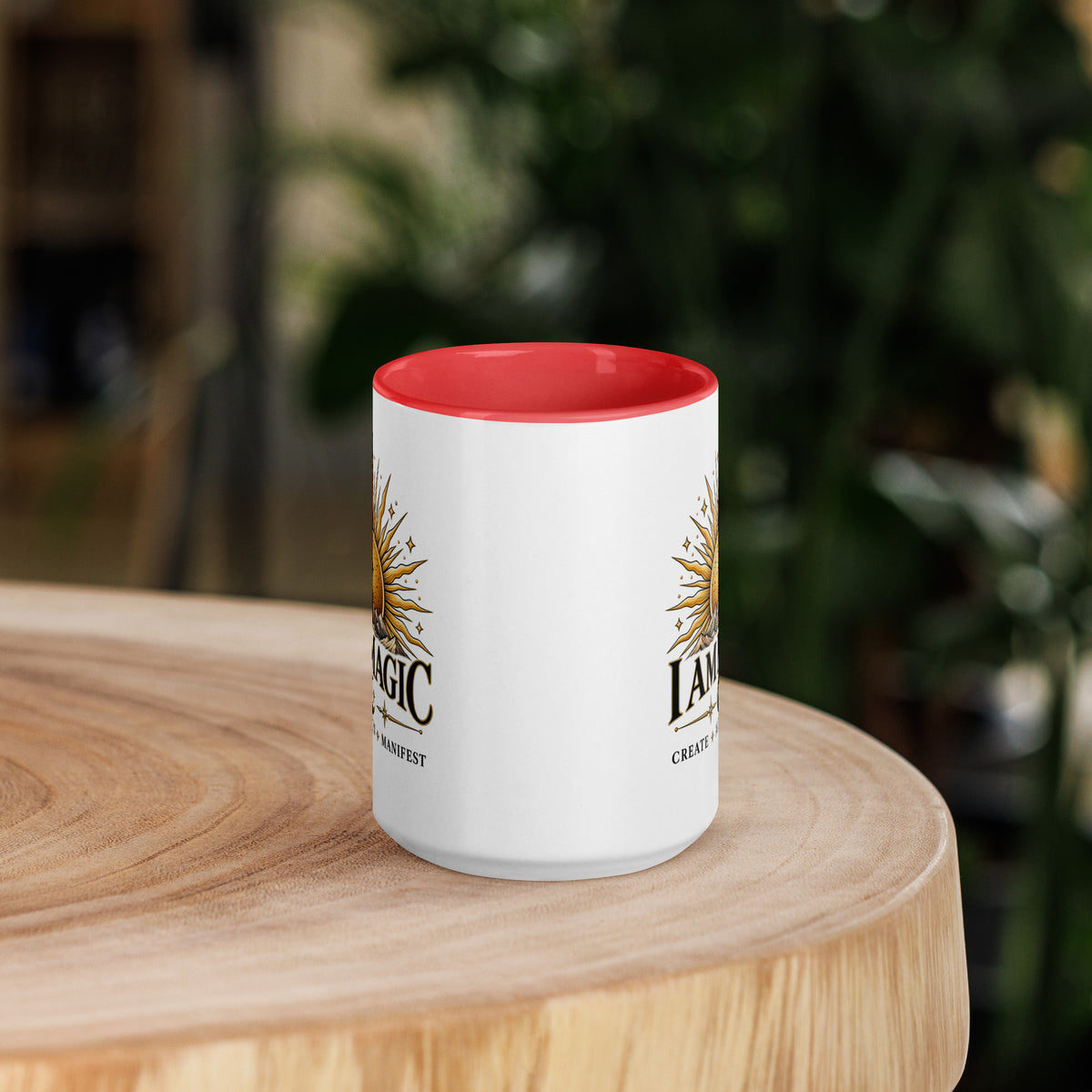 I Am Magic design with a gold sun face, Be Magical collection, on a white ceramic mug with a red interior, 15 oz, front view