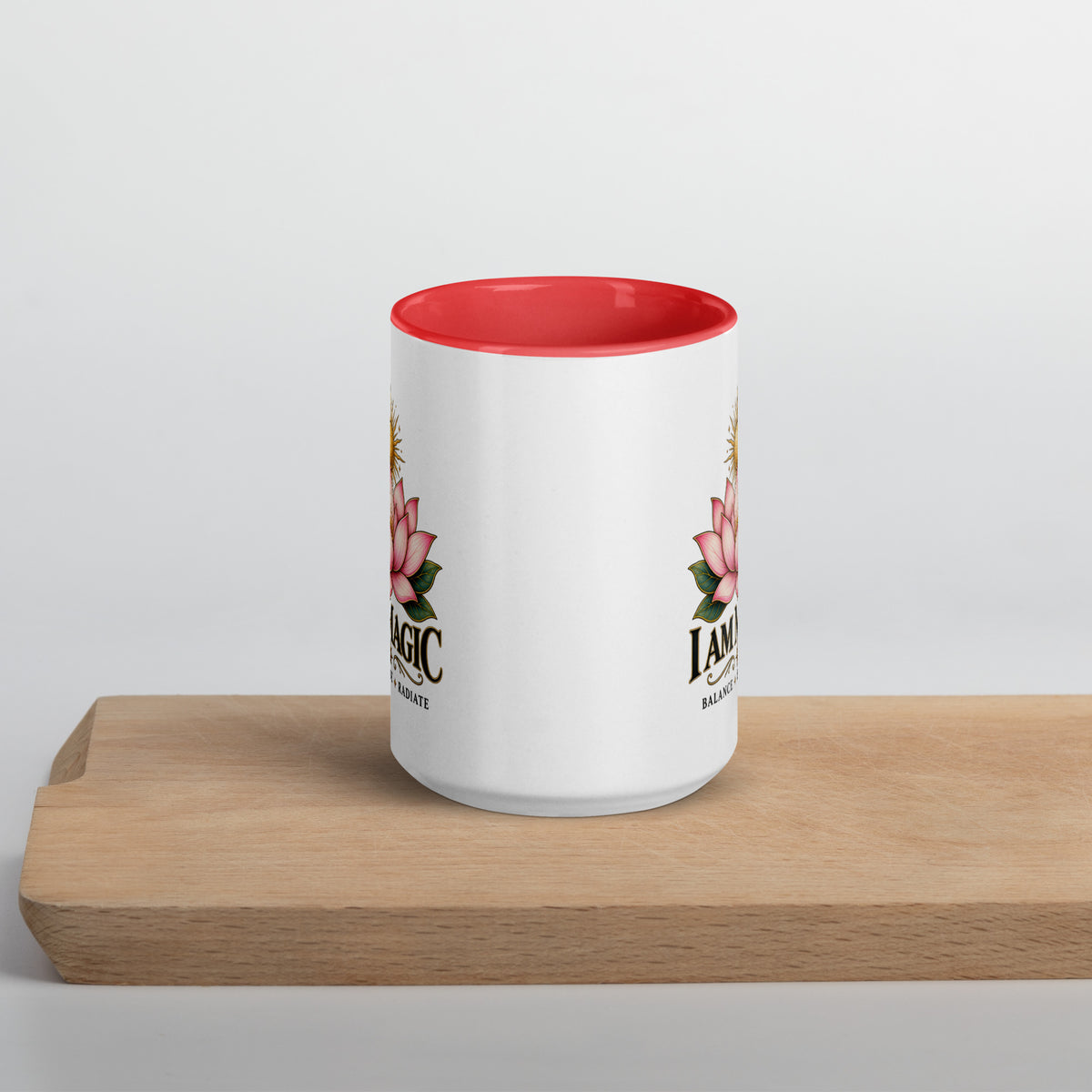 I Am Magic design with a gold lotus, Be Magical collection, on a white ceramic mug with a red interior, 15 oz, front view