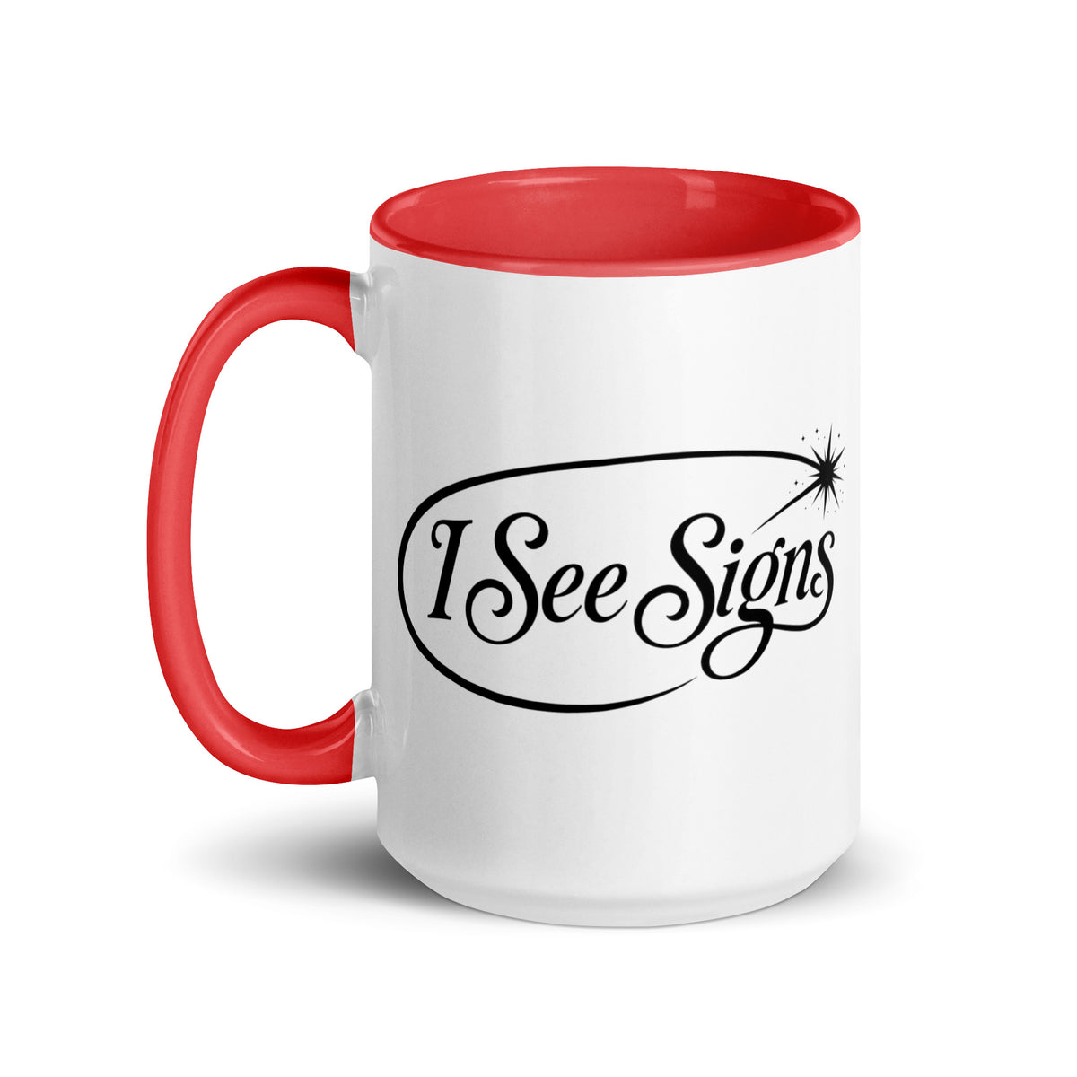 I See Signs design, the words set in black script inside a thin oval with a four-pointed star, on a white ceramic mug with a red interior, 15 oz, left side view