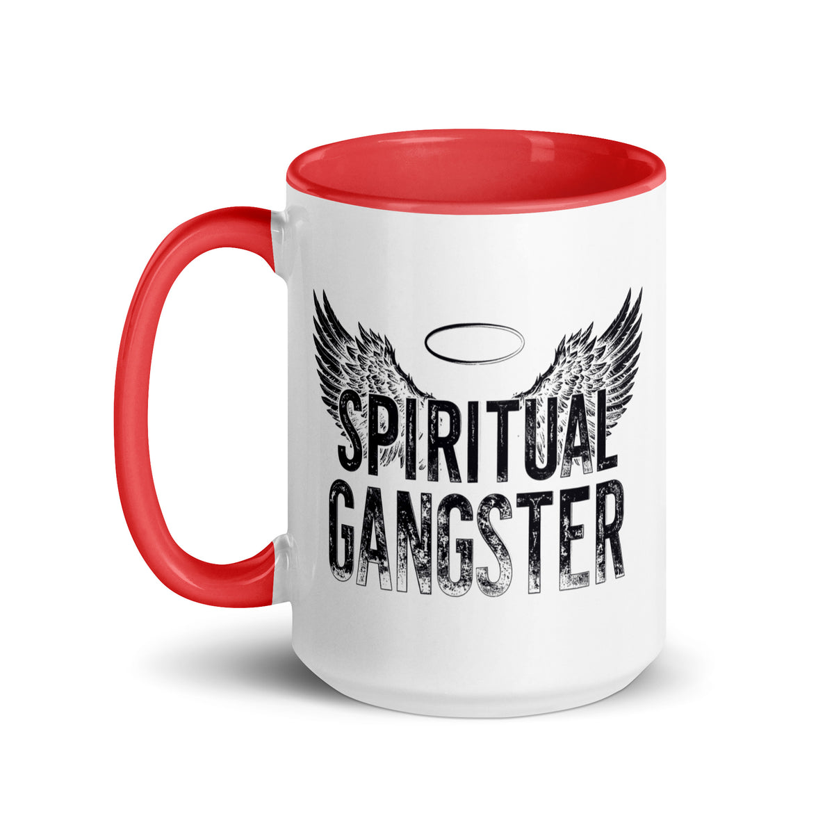 Spiritual Gangster design with angel wings and a halo, on a white ceramic mug with a red interior, 15 oz, left side view