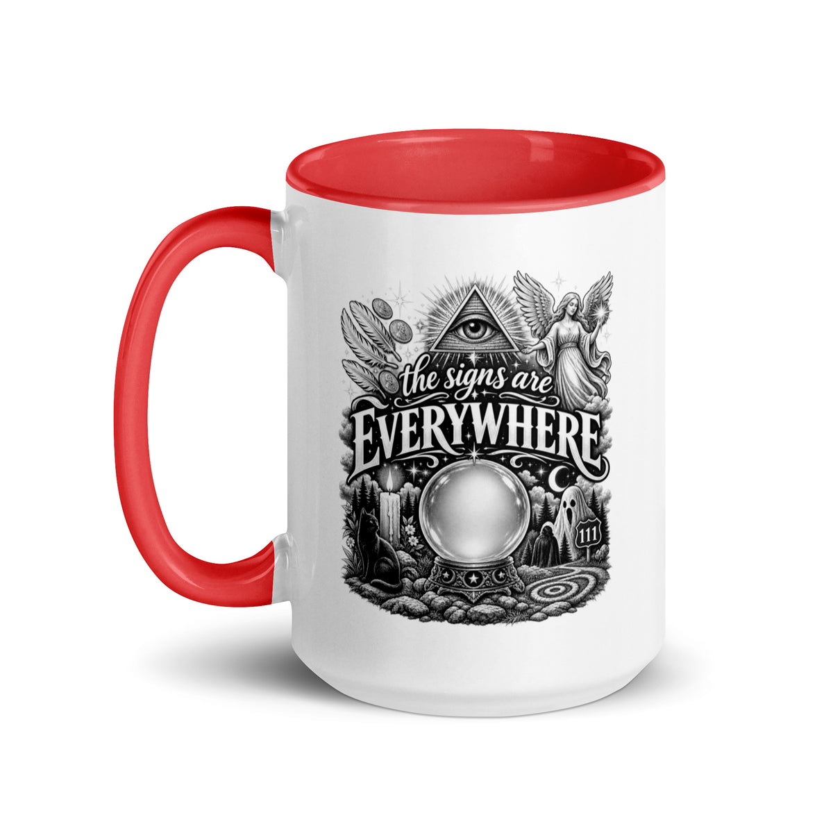The Signs Are Everywhere design, an all-seeing eye, an angel, a crystal ball, a black cat and a 111 road sign, in black and white line art, on a red ceramic mug with color inside, 15 oz, left side view
