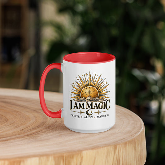 I Am Magic design with a gold sun face, Be Magical collection, on a white ceramic mug with a red interior, 15 oz, left side view