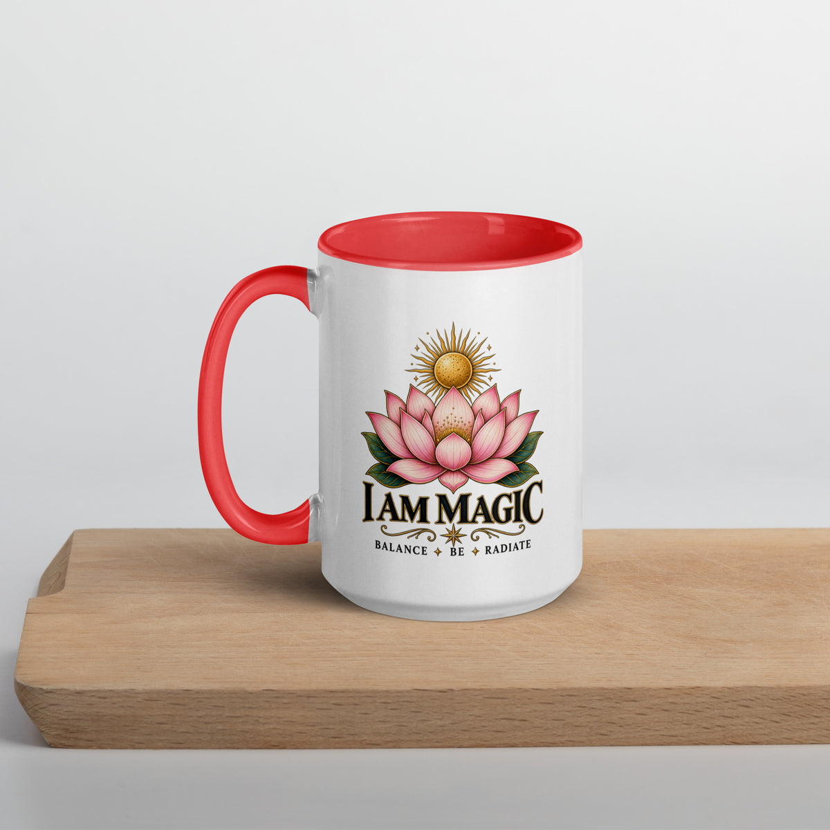 I Am Magic design with a gold lotus, Be Magical collection, on a white ceramic mug with a red interior, 15 oz, left side view