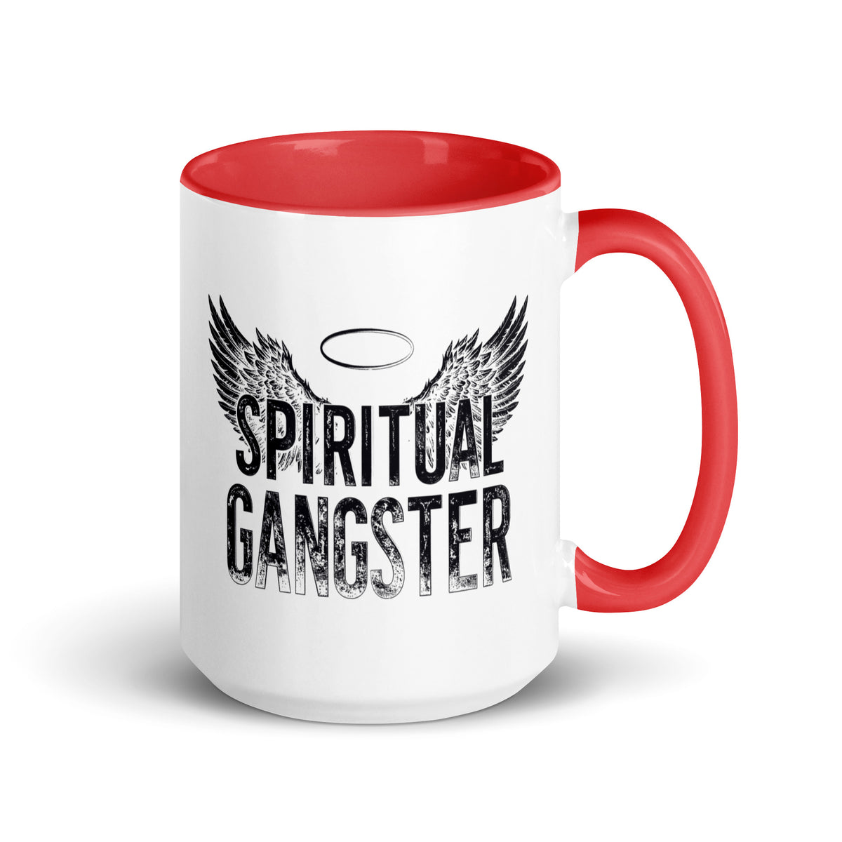 Spiritual Gangster design with angel wings and a halo, on a white ceramic mug with a red interior, 15 oz, right side view