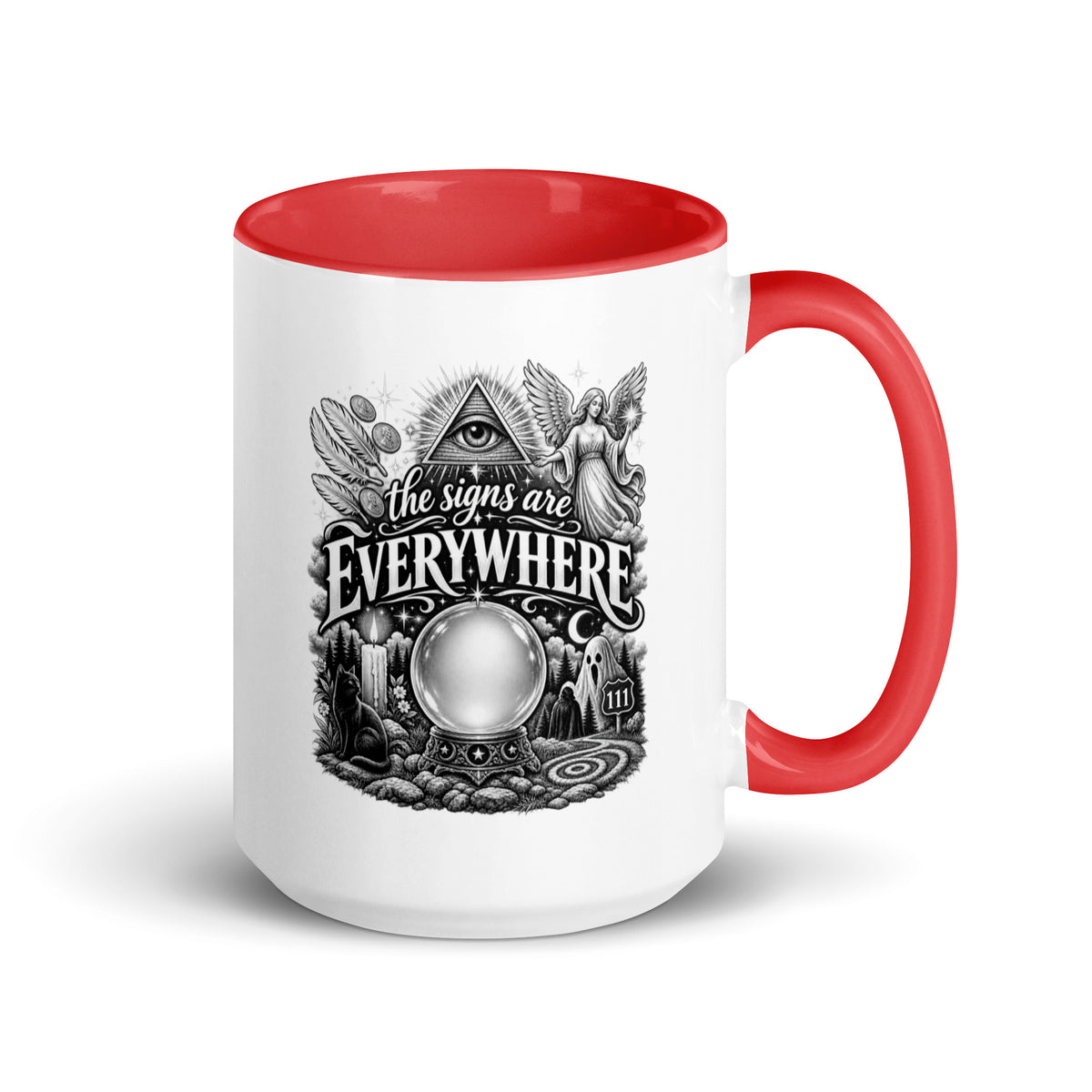 The Signs Are Everywhere design, an all-seeing eye, an angel, a crystal ball, a black cat and a 111 road sign, in black and white line art, on a red ceramic mug with color inside, 15 oz, right side view