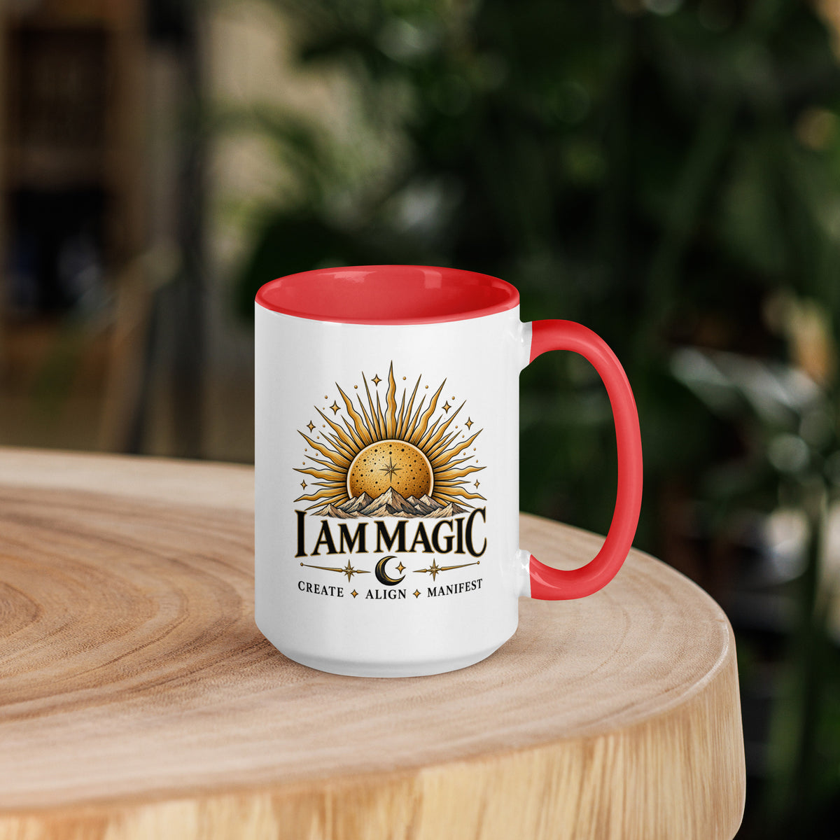 I Am Magic design with a gold sun face, Be Magical collection, on a white ceramic mug with a red interior, 15 oz, right side view