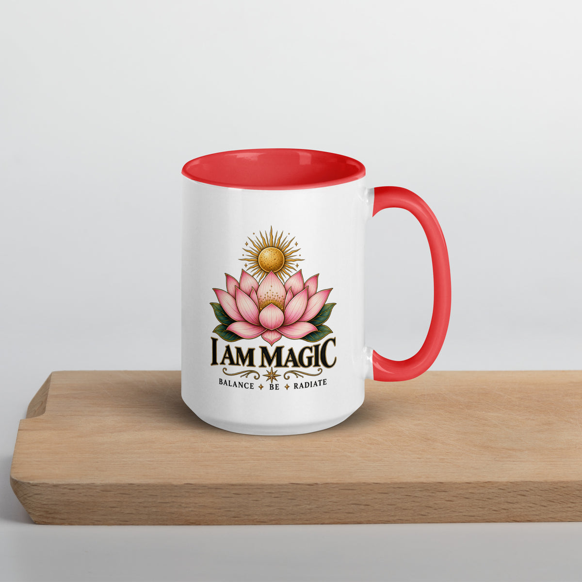I Am Magic design with a gold lotus, Be Magical collection, on a white ceramic mug with a red interior, 15 oz, right side view