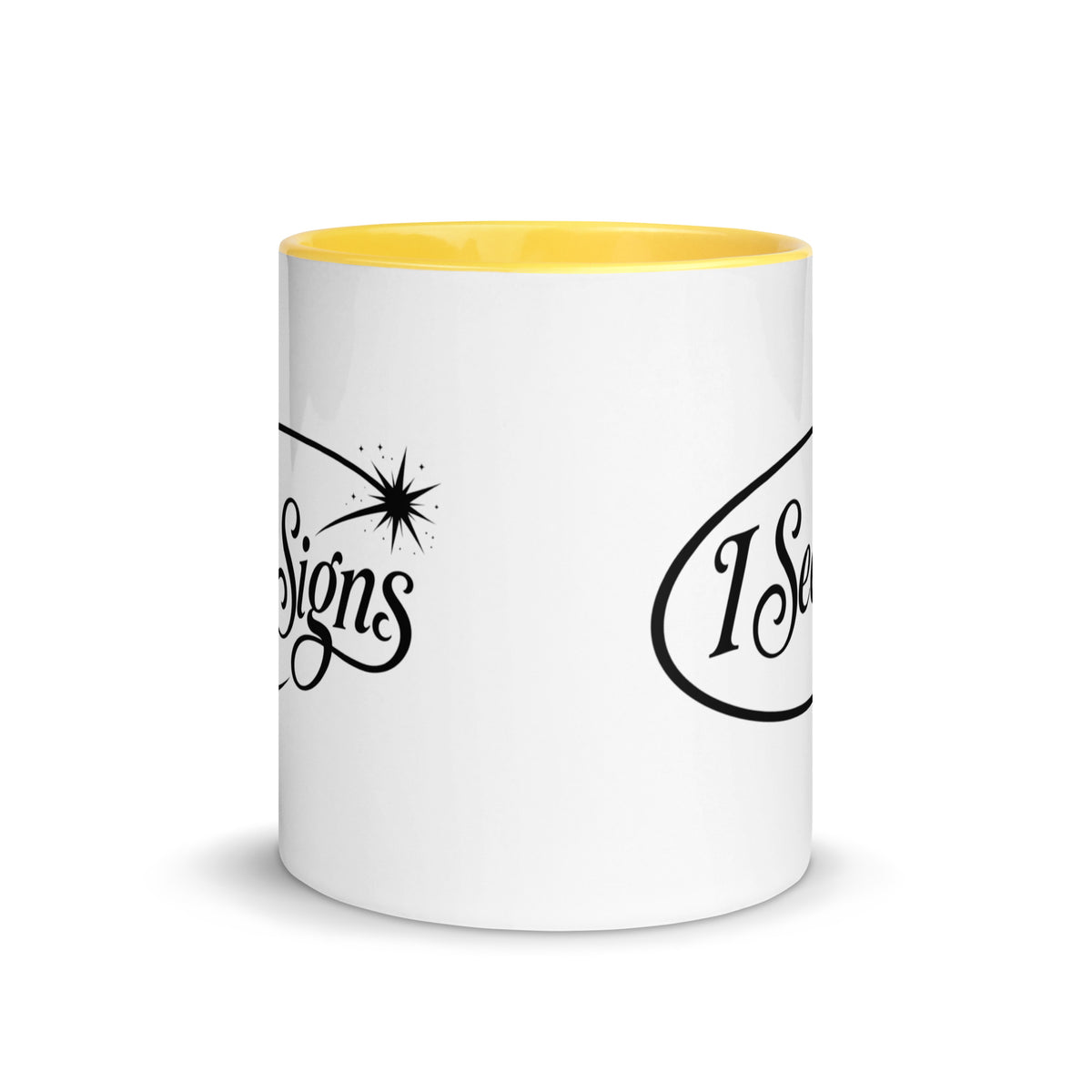I See Signs design, the words set in black script inside a thin oval with a four-pointed star, on a yellow ceramic mug with color inside, 11 oz, front view