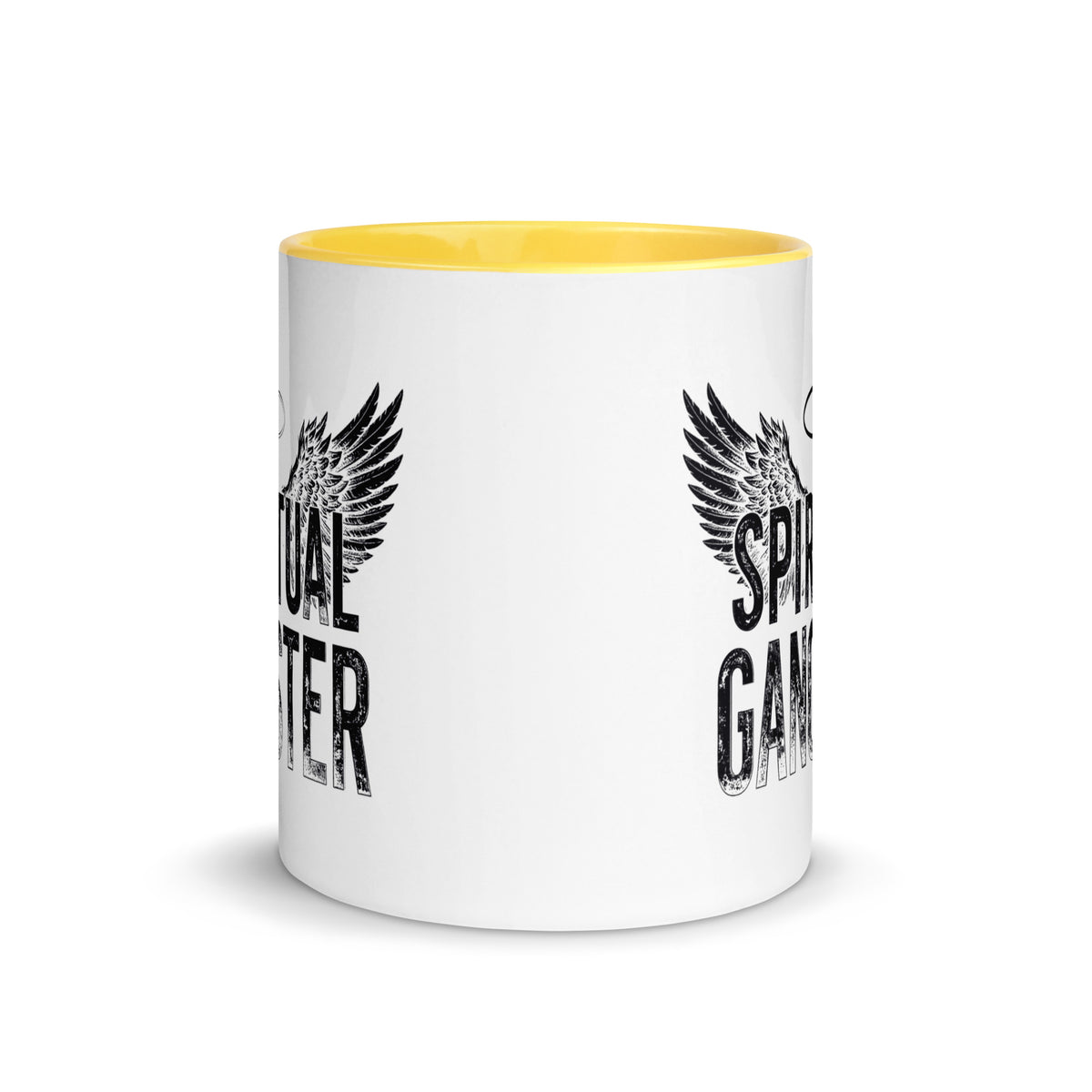 Spiritual Gangster design with angel wings and a halo, on a white ceramic mug with a yellow interior, 11 oz, front view