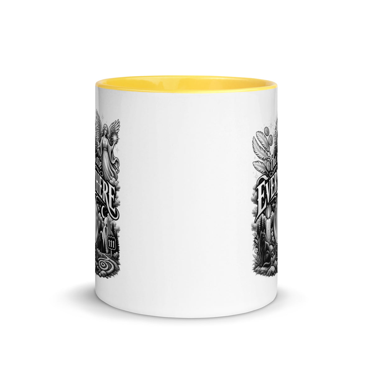 The Signs Are Everywhere design, an all-seeing eye, an angel, a crystal ball, a black cat and a 111 road sign, in black and white line art, on a yellow ceramic mug with color inside, 11 oz, front view