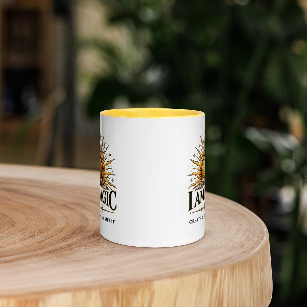 I Am Magic design with a gold sun face, Be Magical collection, on a white ceramic mug with a yellow interior, 11 oz, front view