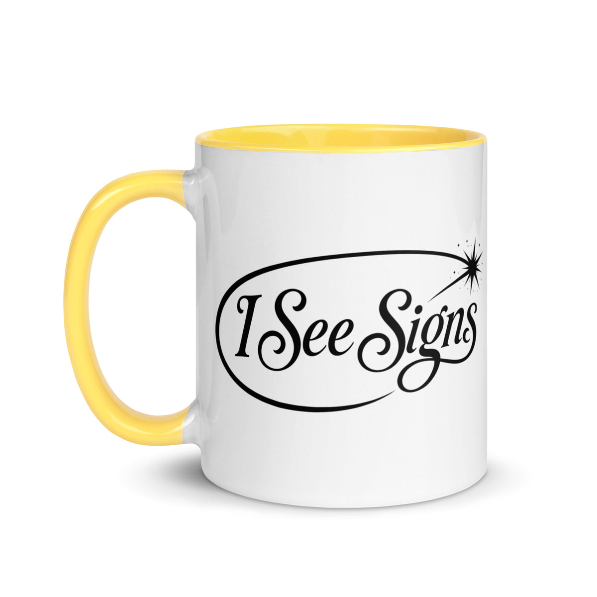 I See Signs design, the words set in black script inside a thin oval with a four-pointed star, on a yellow ceramic mug with color inside, 11 oz, left side view