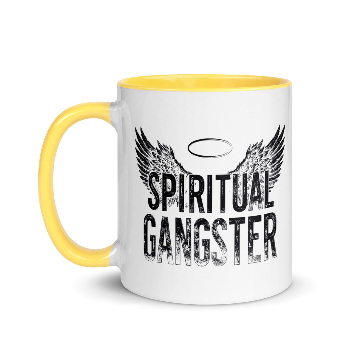 Spiritual Gangster design with angel wings and a halo, on a white ceramic mug with a yellow interior, 11 oz, left side view