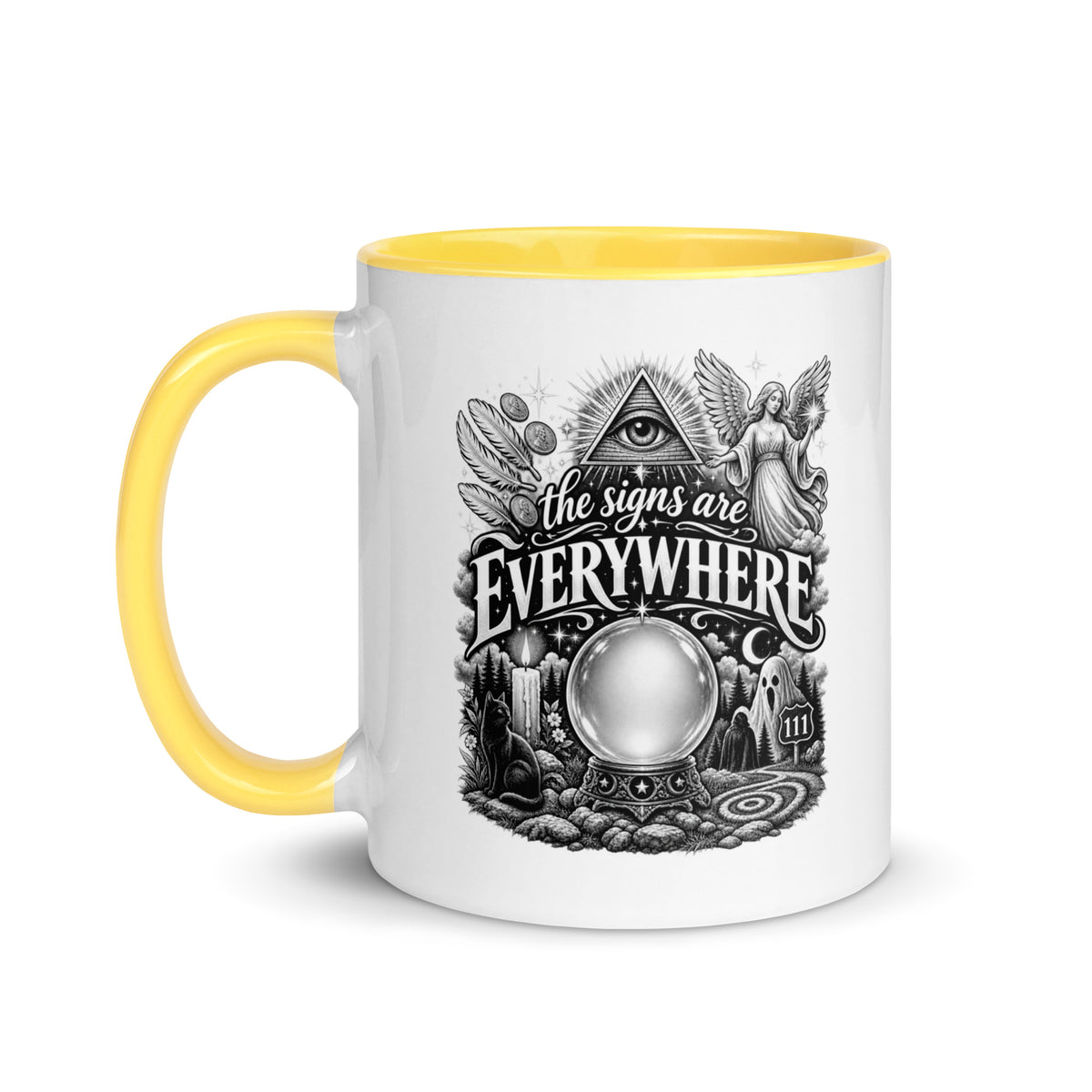 The Signs Are Everywhere design, an all-seeing eye, an angel, a crystal ball, a black cat and a 111 road sign, in black and white line art, on a yellow ceramic mug with color inside, 11 oz, left side view