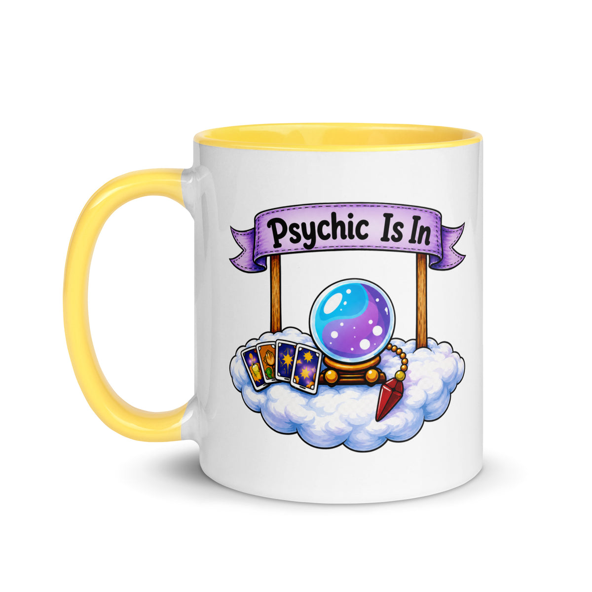 Psychic Is In design, playful floating clouds beneath a banner that reads Psychic Is Open for Business, on a white ceramic mug with a yellow interior, 11 oz, left side view