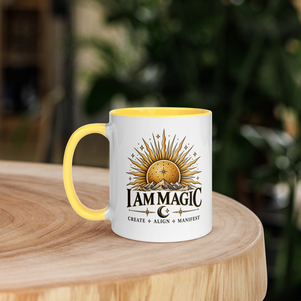 I Am Magic design with a gold sun face, Be Magical collection, on a white ceramic mug with a yellow interior, 11 oz, left side view
