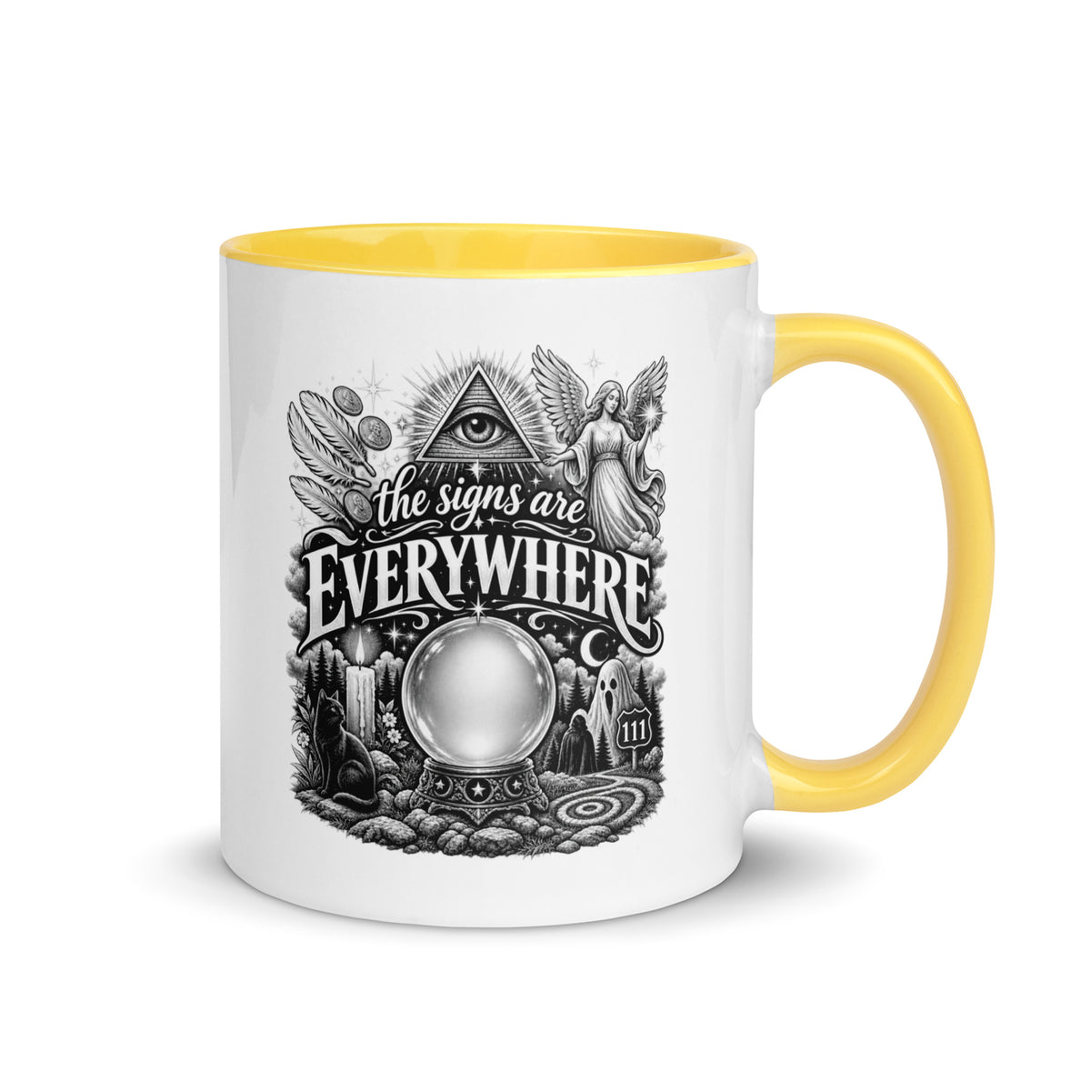 The Signs Are Everywhere design, an all-seeing eye, an angel, a crystal ball, a black cat and a 111 road sign, in black and white line art, on a yellow ceramic mug with color inside, 11 oz, right side view