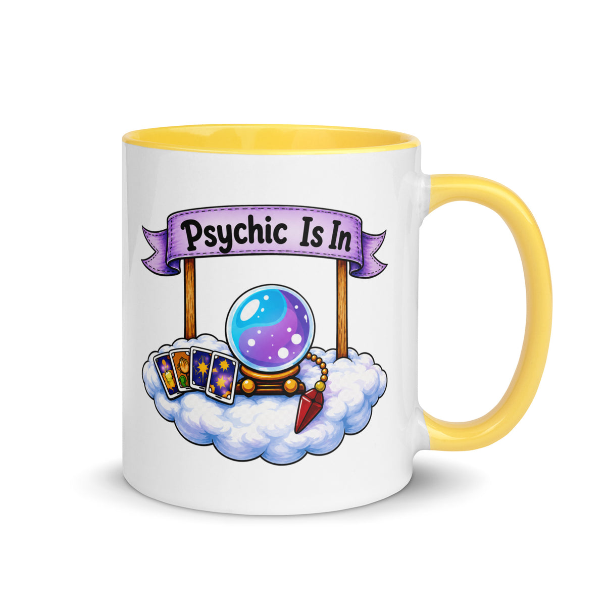 Psychic Is In design, playful floating clouds beneath a banner that reads Psychic Is Open for Business, on a white ceramic mug with a yellow interior, 11 oz, right side view