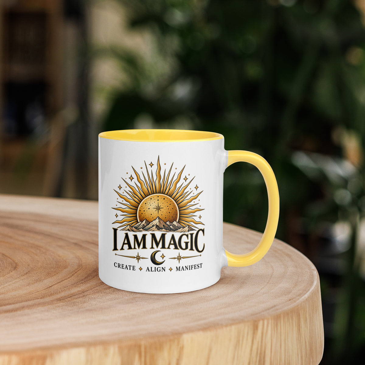 I Am Magic design with a gold sun face, Be Magical collection, on a white ceramic mug with a yellow interior, 11 oz, right side view