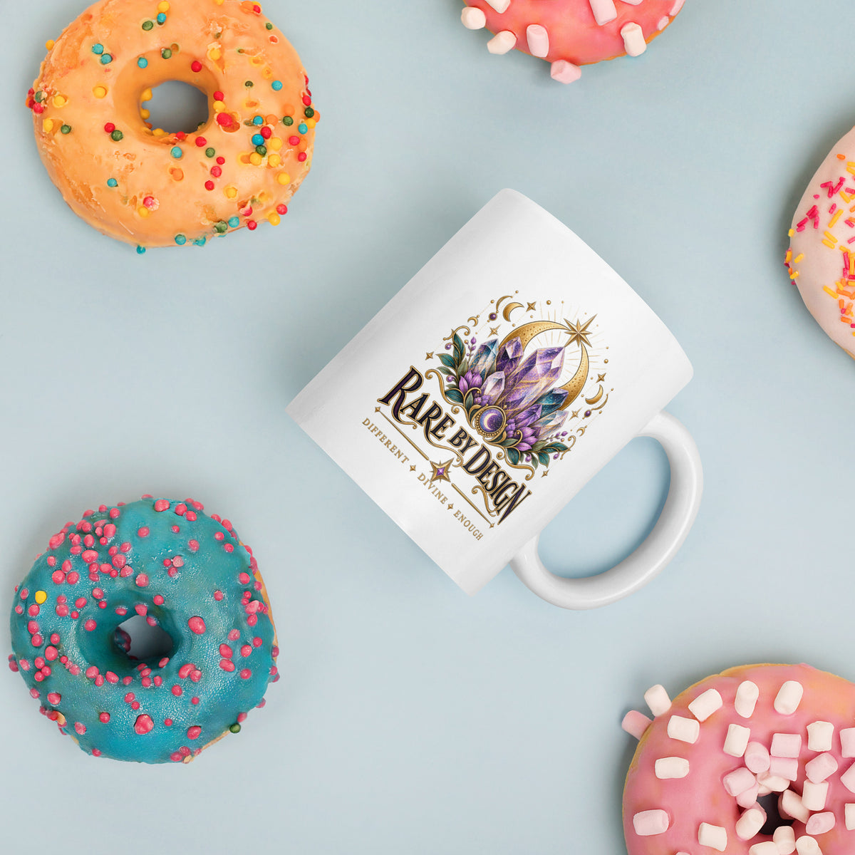 Rare by Design Crystals design, an amethyst cluster, on a white glossy mug, 11 oz, styled with donuts