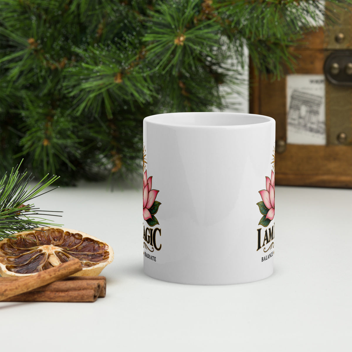 I Am Magic design with a gold lotus, Be Magical collection, on a white glossy mug, 11 oz, front view