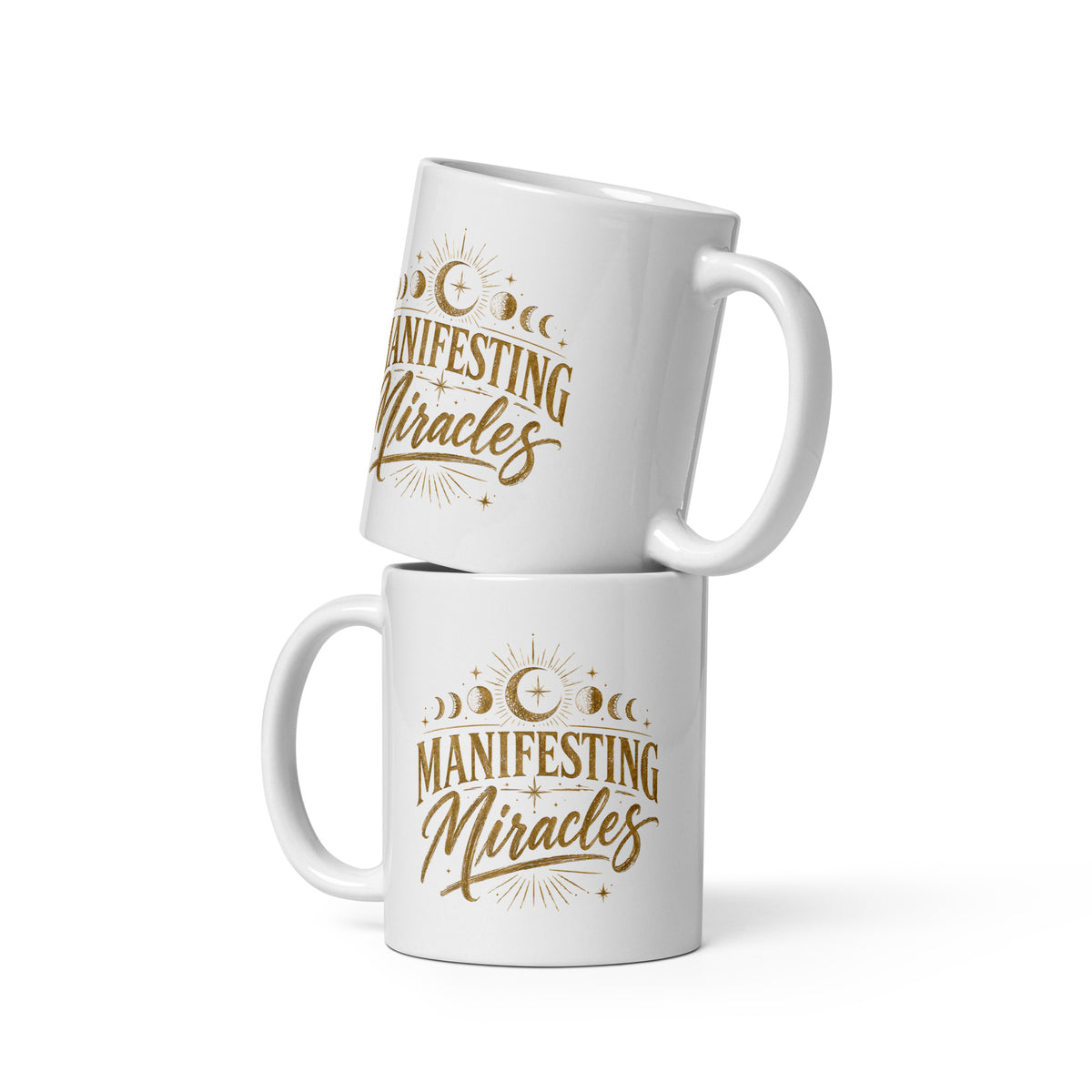 Manifesting Miracles design with moon phases in antique gold, on a white glossy mug, 11 oz, front view