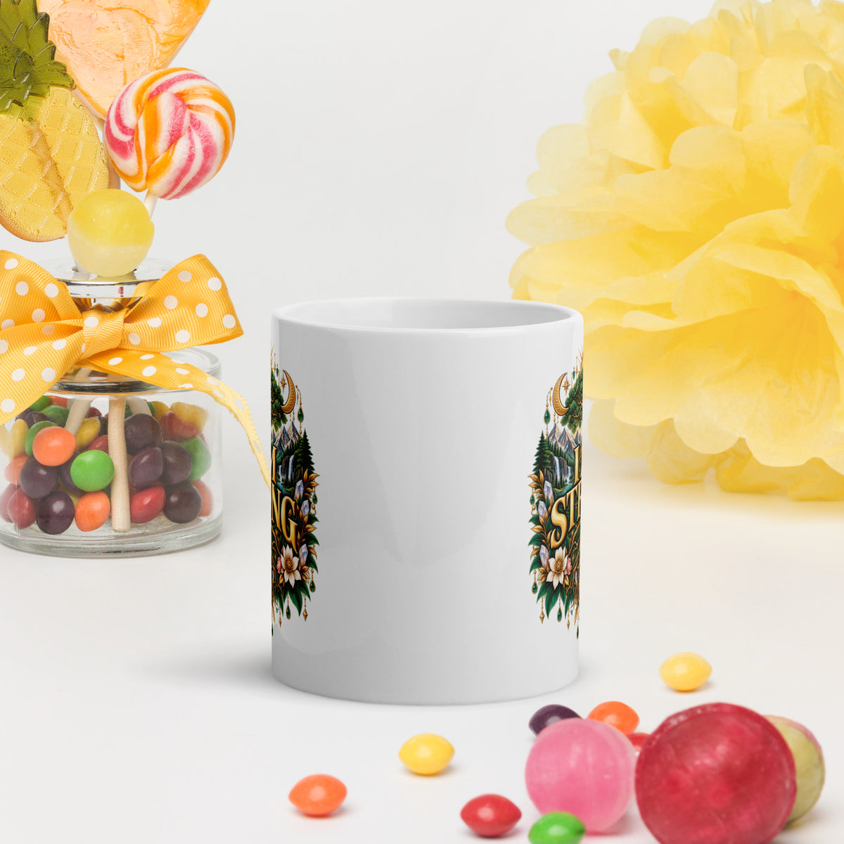 I Am Strong affirmation design, a tree with roots as wide as its canopy, on a white glossy mug, 11 oz, front view