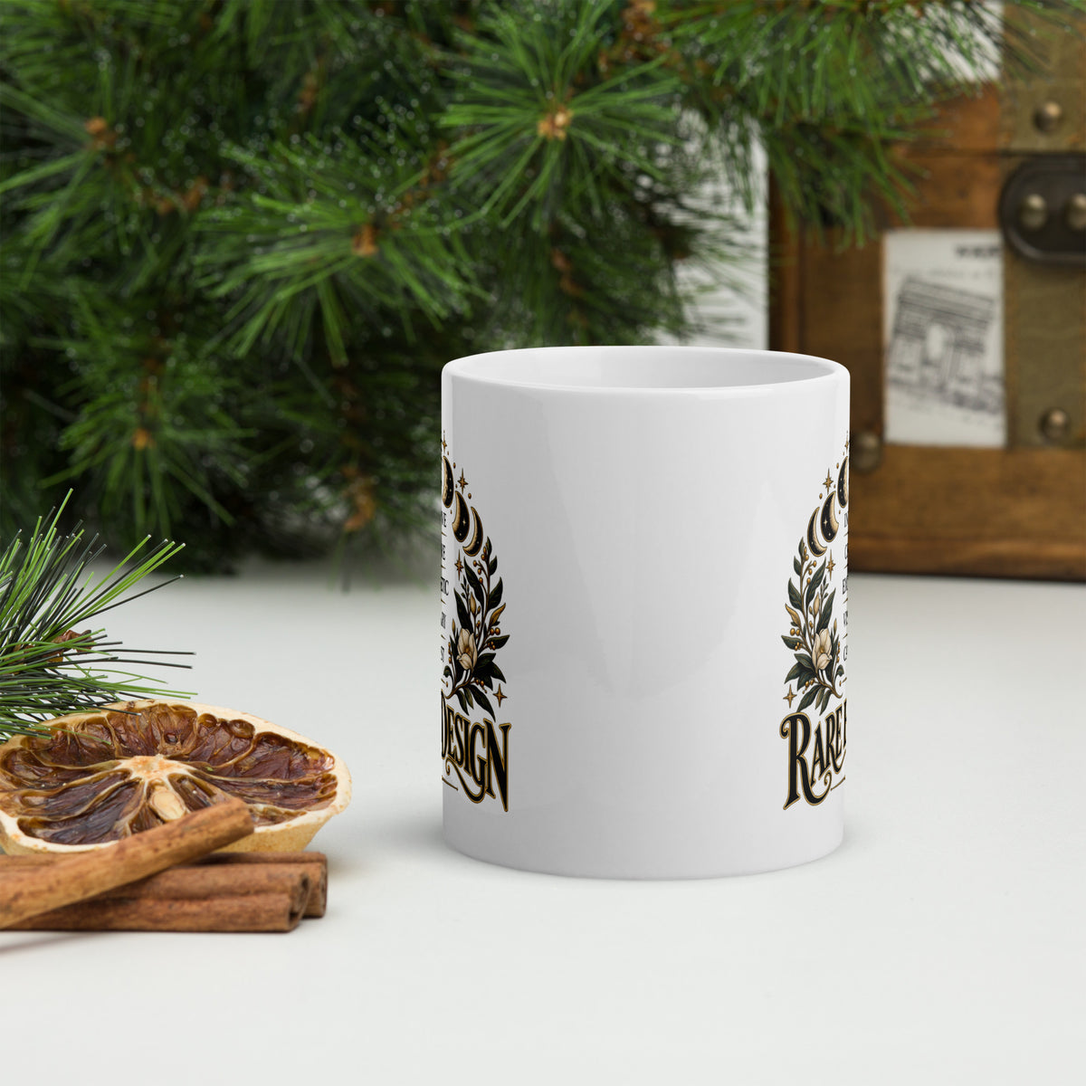 Rare By Design design with the words Intuitive, Creative, Empathic, Visionary, Catalyst, on a white glossy mug, 11 oz, front view