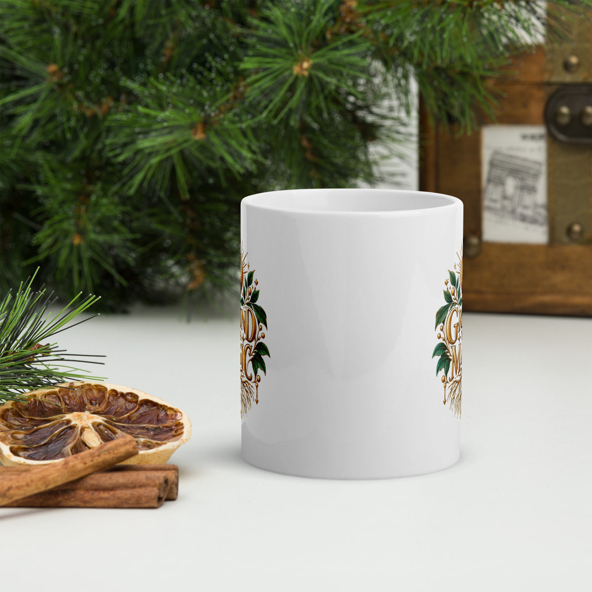Ground Your Magic design, roots growing from the lettering, on a white glossy mug, 11 oz, front view