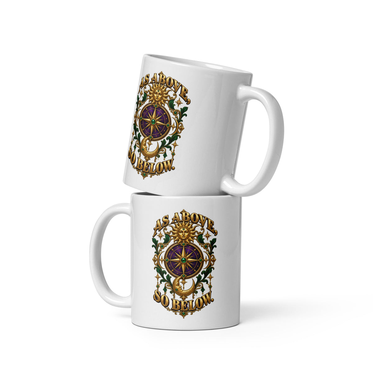 As Above, So Below astrology design, a gold sun face above a purple and gold compass rose with a crescent moon below, framed by emerald foliage, on a 11 oz white glossy mug, front view