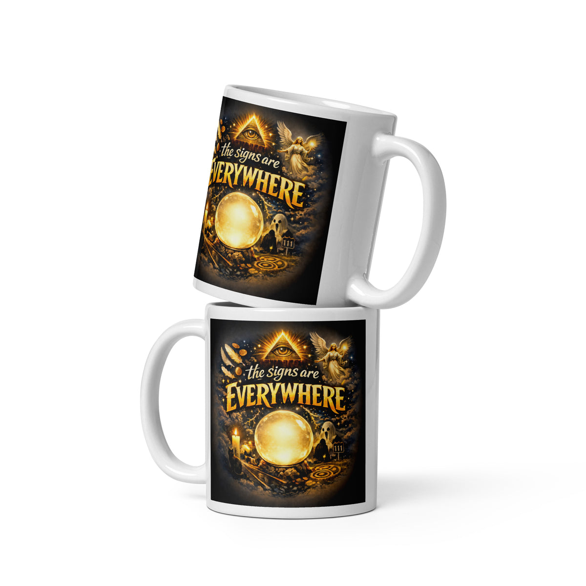 The Signs Are Everywhere design, an all-seeing eye, an angel, a glowing crystal ball, a ghost and a 111 road sign, in gold on black, on a white glossy mug, 11 oz, front view