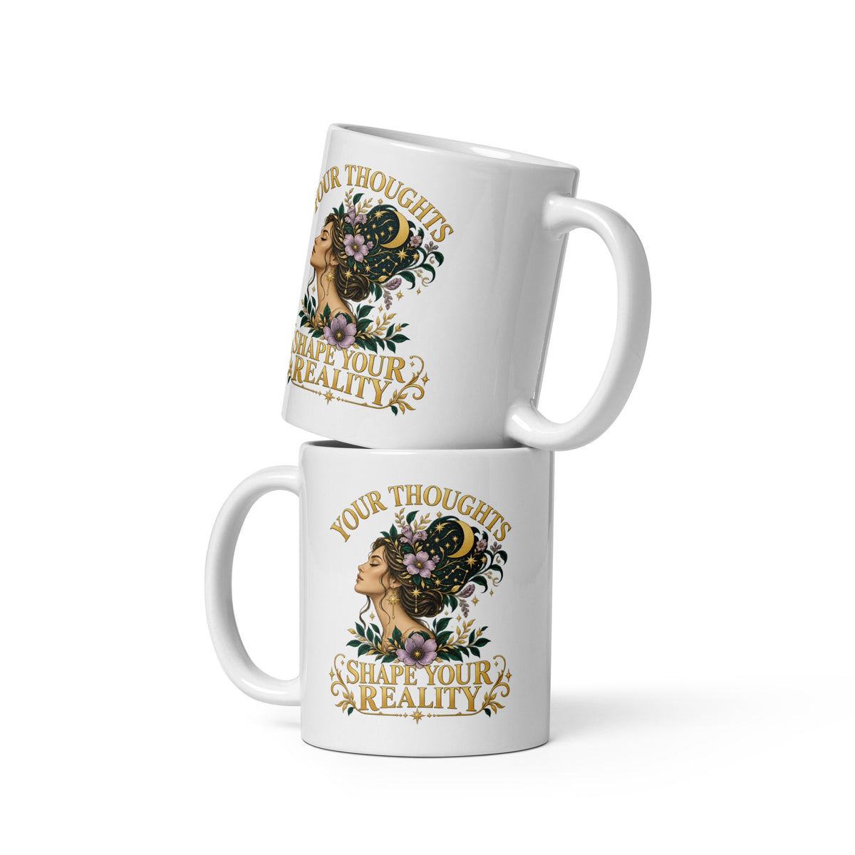 Your Thoughts Shape Your Reality 11 oz white glossy mug, front view. Gold lettering above a woman's profile with her thoughts becoming stars and constellations.