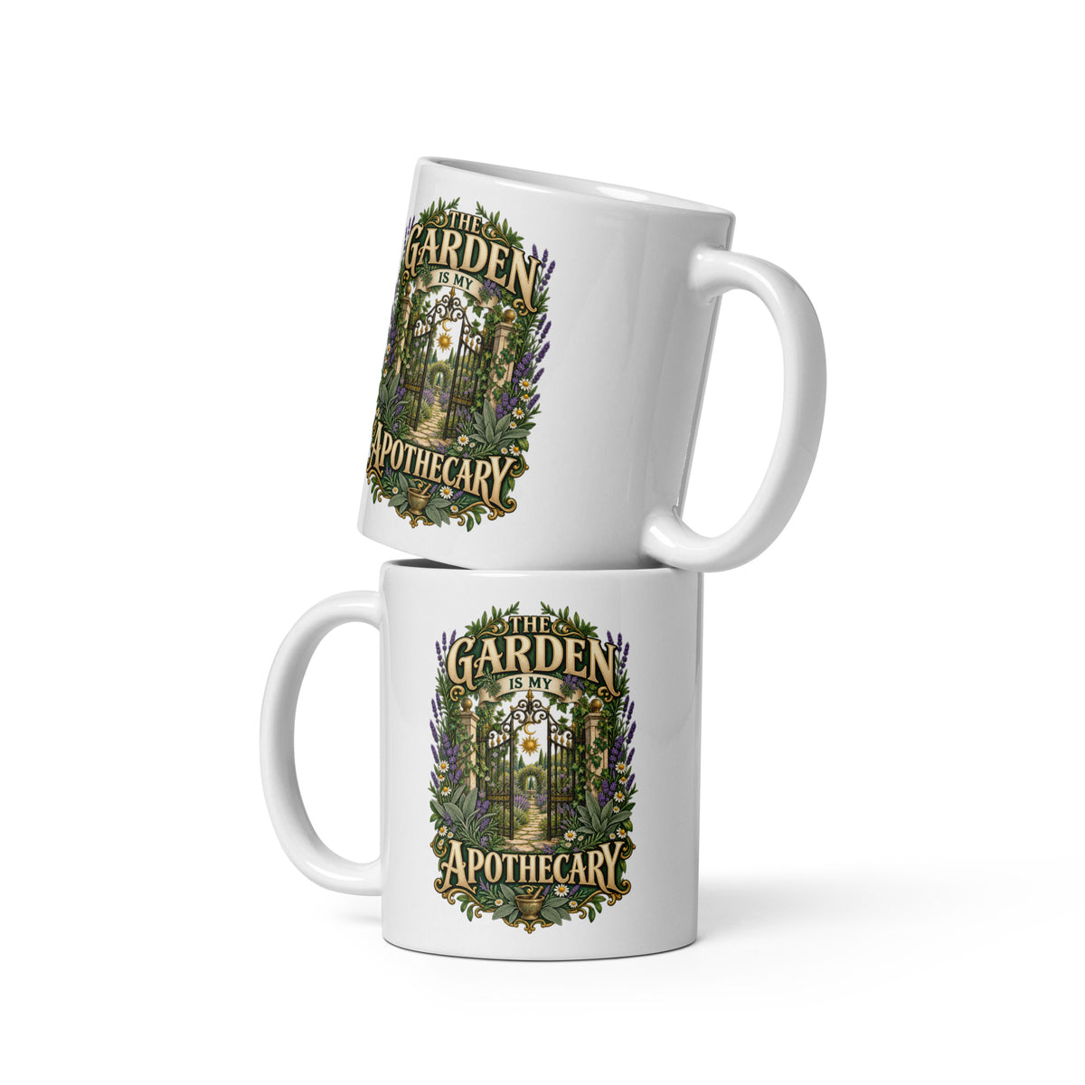 The Garden Is My Apothecary 11 oz white glossy mug, front view. Gold apothecary lettering with lavender, daisies, a mortar and pestle and amethyst.