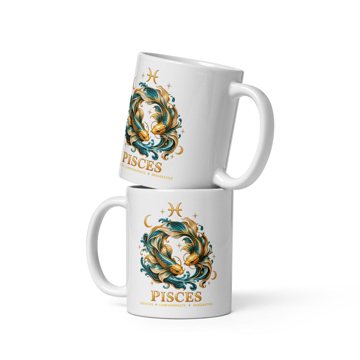 Pisces zodiac mug, 11 oz white glossy, front: two gold and teal koi circling in a night sky of gold stars, with the Pisces glyph, two crescent moons and PISCES