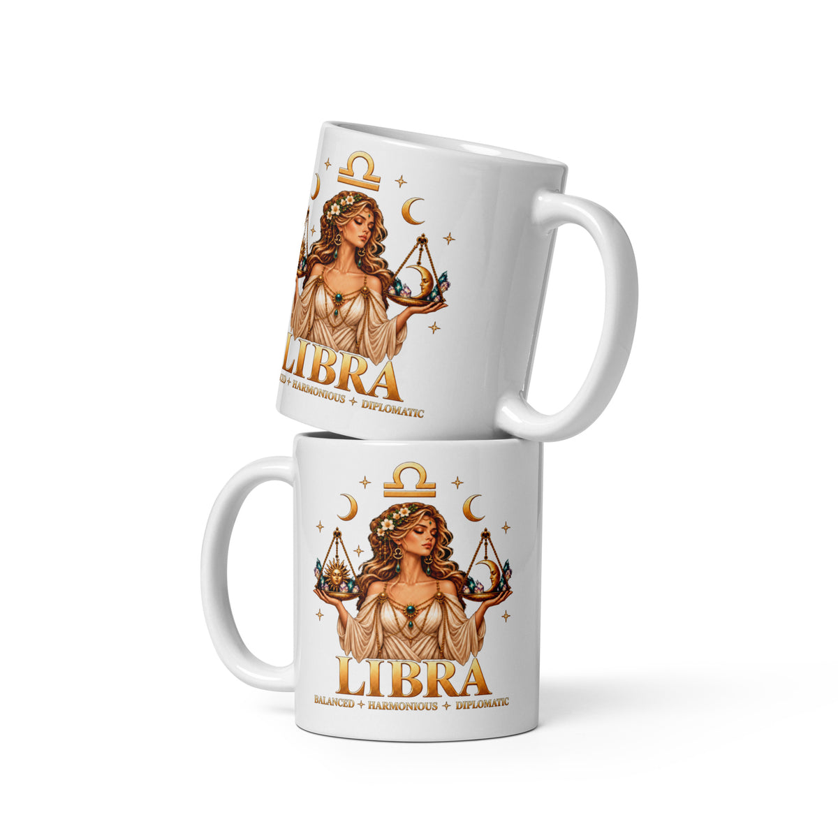Libra zodiac mug, 11 oz white glossy, front: a woman holding golden scales with the sun and the moon in a night sky of gold stars, with the Libra glyph and LIBRA
