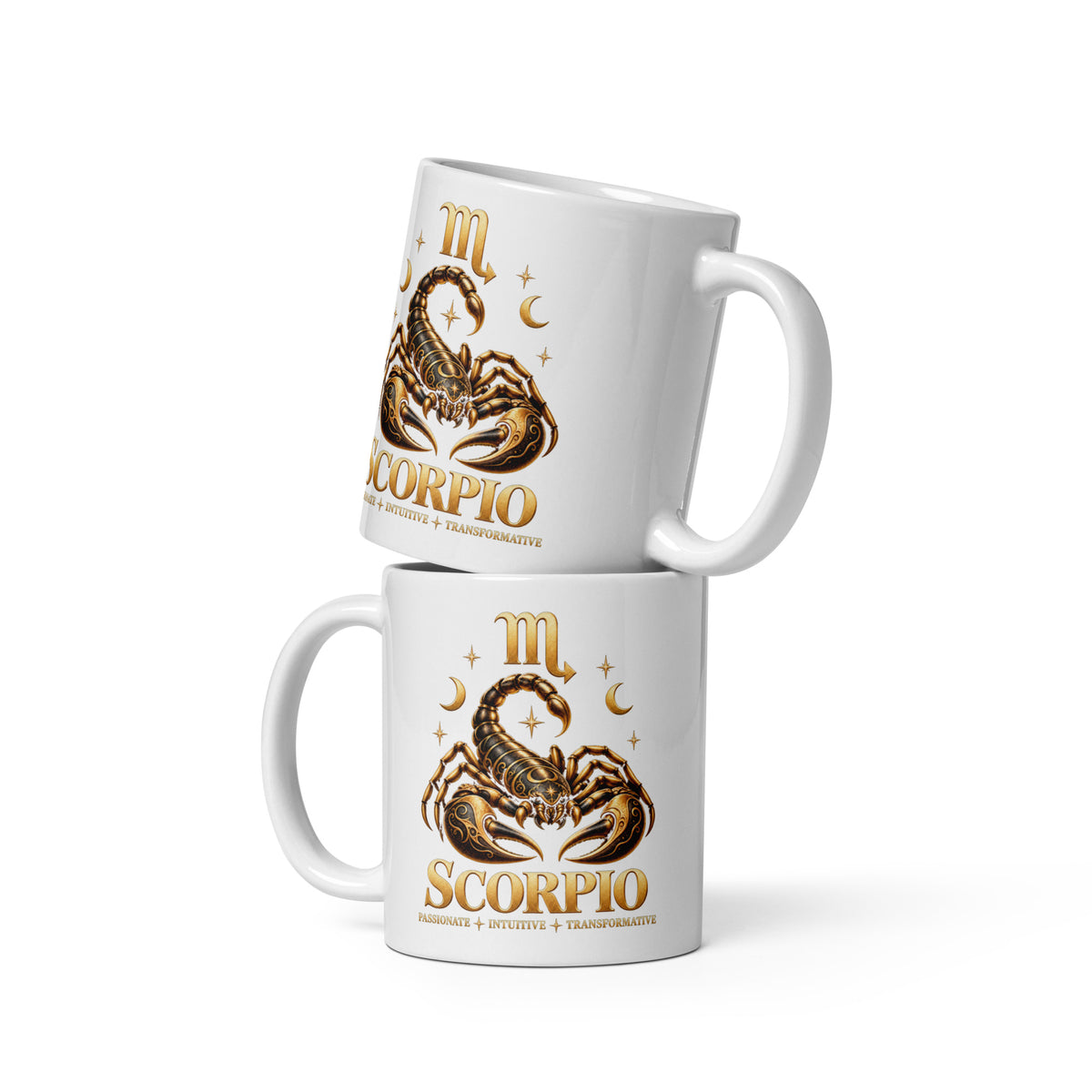 Scorpio zodiac mug, 11 oz white glossy, front: a golden scorpion with its tail raised in a night sky of gold stars, with the Scorpio glyph and SCORPIO