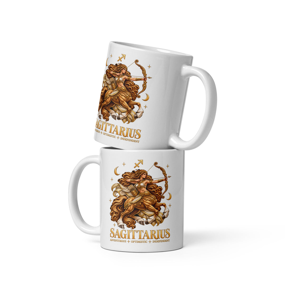 Sagittarius zodiac mug, 11 oz white glossy, front: a golden centaur archer drawing her bow in a night sky of gold stars, with the Sagittarius glyph and SAGITTARIUS