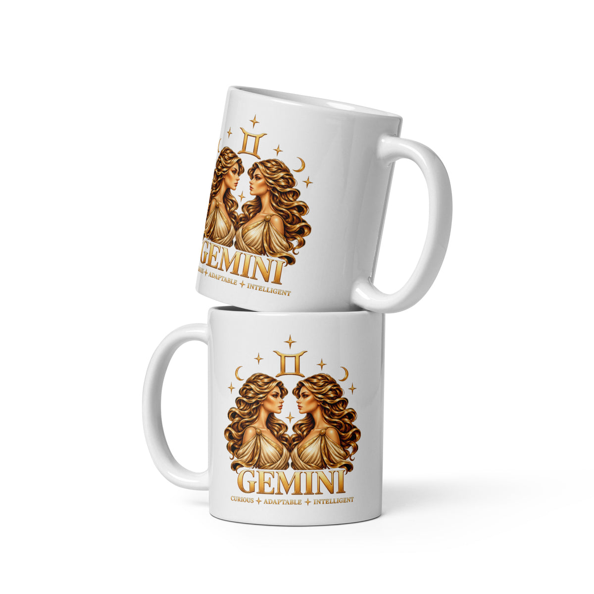 Gemini zodiac mug, 11 oz white glossy, front: golden twins face to face with flowing hair in a night sky of gold stars, with the Gemini glyph, two crescent moons and the words Curious, Adaptable, Intelligent